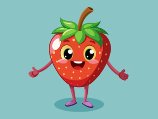 Cute strawberry character with rosy cheeks and big eyes. Adorable strawberry cartoon standing and smiling.  Joyful strawberry with expressive eyes and cheerful pose