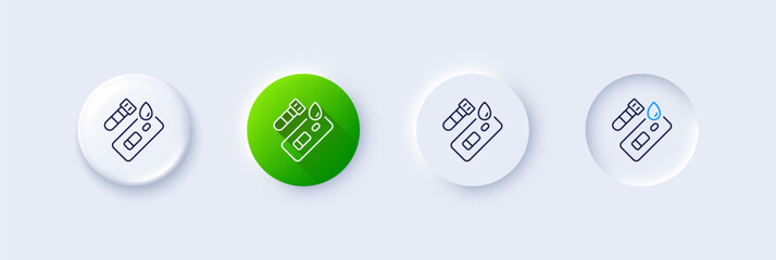 Covid test line icon. Neumorphic, Green gradient, 3d pin buttons. Coronavirus testing sign. Blood test tube symbol. Line icons. Neumorphic buttons with outline signs. Vector