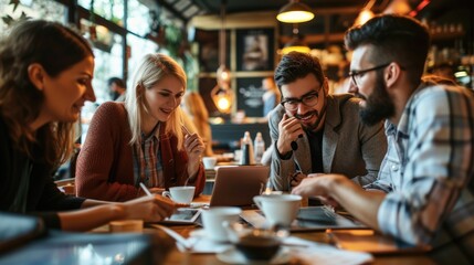 A joyful event with friends sharing laptops around a table, enjoying leisure time, having fun conversations, and smiling. AIG41