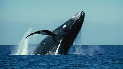 Fototapeta premium a majestic whale breaching the ocean's surface, with water cascading off its body against a backdrop of clear blue sky and sea