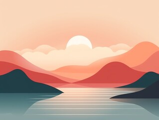 Abstract sunrise landscape with serene mountains and reflective water, soft pastel colors creating a tranquil and calming atmosphere.