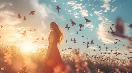 Woman standing in a field at sunset with birds flying around