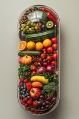 Capsule filled with various fruits, vegetables, and nuts Closeup, neutral background