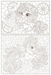 Set of contour illustrations in the style of stained glass with cute cartoon unicorns in the sky