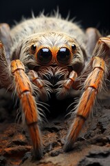 Closeup of a tarantula, its detailed hairy legs and sharp eyes captured in a dramatic macro shot