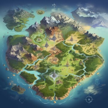 An illustrated fantasy map featuring diverse landscapes, mountains, forests, and rivers. Perfect for fantasy games or world-building.