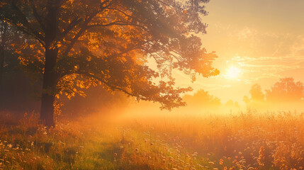 Beautiful sunrise over a misty meadow with a tree