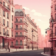 Obraz premium Charming city street scene with elegant architecture and warm lighting in a serene, urban setting during sunset.