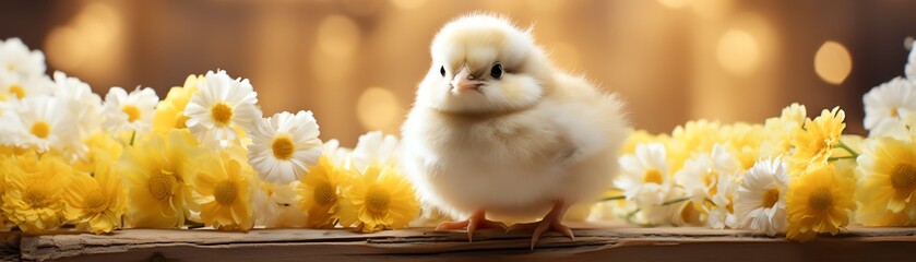 Obraz premium Fluffy chick standing on a wooden plank amidst yellow and white flowers