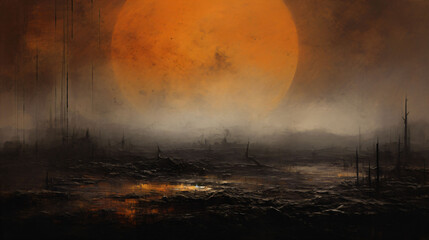 Obraz premium Apocalyptic Landscape with Giant Orange Sun and Desolate Terrain