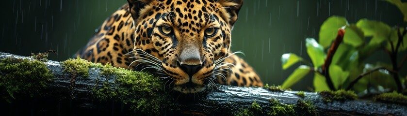 Fototapeta premium Leopard resting on tree branch in rainforest during rain