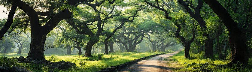 Fototapeta premium Treelined path with sunlight filtering through, peaceful and green