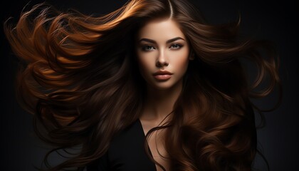 Fototapeta premium Woman with long, flowing brown hair, sleek and shiny, dark background