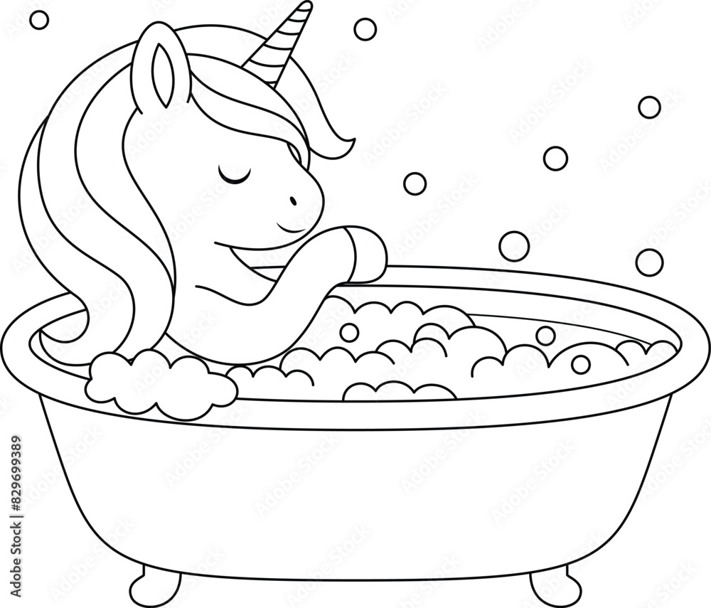 Wall mural Cute kawaii unicorn is taking a bath coloring page for kids. Animal outline doodle colouring page isolated on white background. Wild animal coloring book for kids