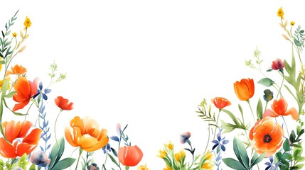 Obraz premium Beautiful watercolor floral border with vibrant flowers and leaves on white background, perfect for nature-themed designs and invitations.