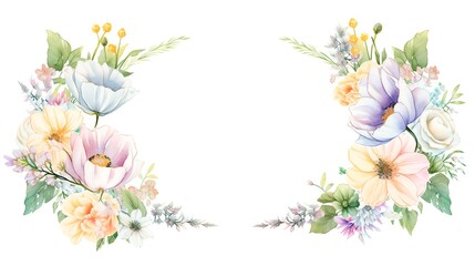 Fototapeta premium Beautiful watercolor floral frame with pastel-colored flowers and green leaves, perfect for invitations, cards, or art projects.