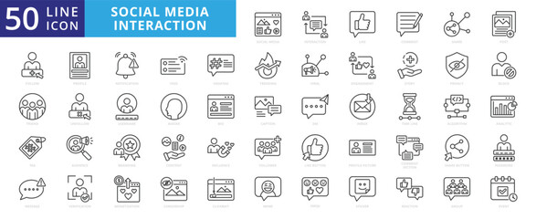 Social media interaction icon set with like, comment, share, post, follow, friend, tag, message, profile and notification.