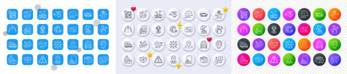 Time schedule, Parking payment and Car service line icons. Square, Gradient, Pin 3d buttons. AI, QA and map pin icons. Pack of Baggage, Plane, Helicopter icon. Vector