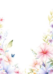 Elegant floral border with pastel flowers and butterfly on a white background. Perfect for invitations, greeting cards, and spring designs.
