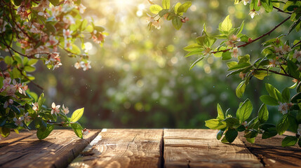 A beautiful spring background with lush green foliage and flowering branches, featuring an empty wooden table bathed in sunlight. Ideal for outdoor garden settings, evoking warmth and renewal.
