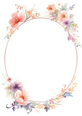 Obraz premium Elegant oval floral frame with pastel flowers and greenery, perfect for invitations, greeting cards, and wedding decor.