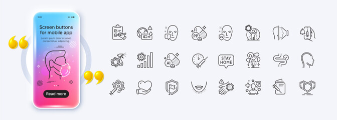 Stay home, Difficult stress and Medical mask line icons for web app. Phone mockup gradient screen. Pack of Coronavirus statistics, Shield, Covid test pictogram icons. Vector