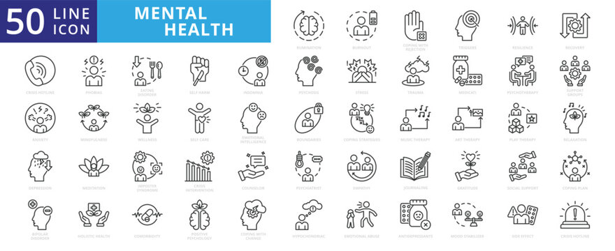 Mental health icon set with rumination, burnout, coping with rejection, triggers, resilience, recovery and crisis hotline.