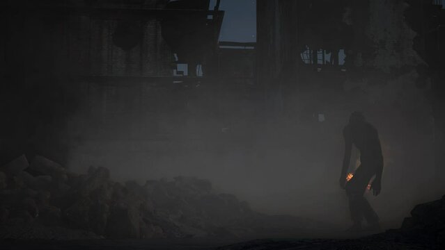 a dystopian destroyed ruined city on night, with debris, damaged cars, smoke and fire, and zombies standing idle breathing, 3D animation, animated scene, camera zoom in slowly.