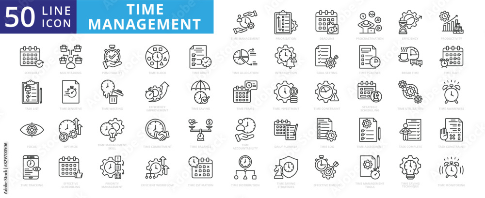 Wall mural time management icon set with prioritization, deadline, procrastination, efficiency, productivity, s