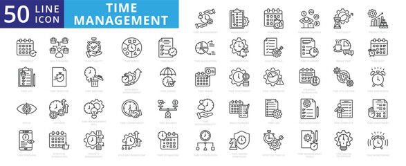 Time management icon set with prioritization, deadline, procrastination, efficiency, productivity, schedule, task list and focus.
