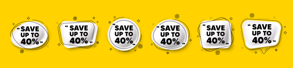 Save up to 40 percent. Speech bubble 3d icons set. Discount Sale offer price sign. Special offer symbol. Discount chat talk message. Speech bubble banners with comma. Text balloons. Vector