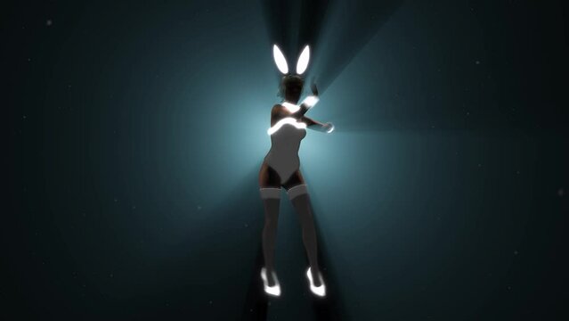 Beautiful 3D bunny girl dancing and performing in front of volumetric light on black background with dust particles. 3D character animation, dance style 3