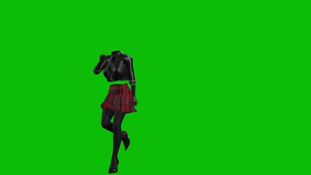 3D invincible woman wearing leather jacket, short skirt and high heels, dancing on green screen, 3D animation. Dance style 3