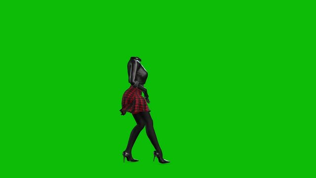 3D invincible woman wearing leather jacket, short skirt and high heels, dancing on green screen, 3D animation. Dance style 5