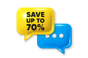 Save up to 70 percent tag. Chat speech bubble 3d icon. Discount Sale offer price sign. Special offer symbol. Discount chat offer. Speech bubble banner. Text box balloon. Vector