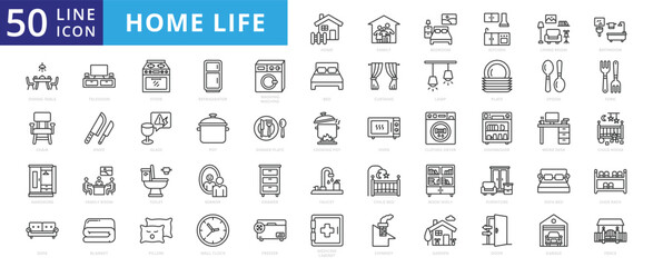 Home life icon set with bedroom, kitchen, living room, bathroom, dining table, chair, wardrobe, sofa, led tv and stove.
