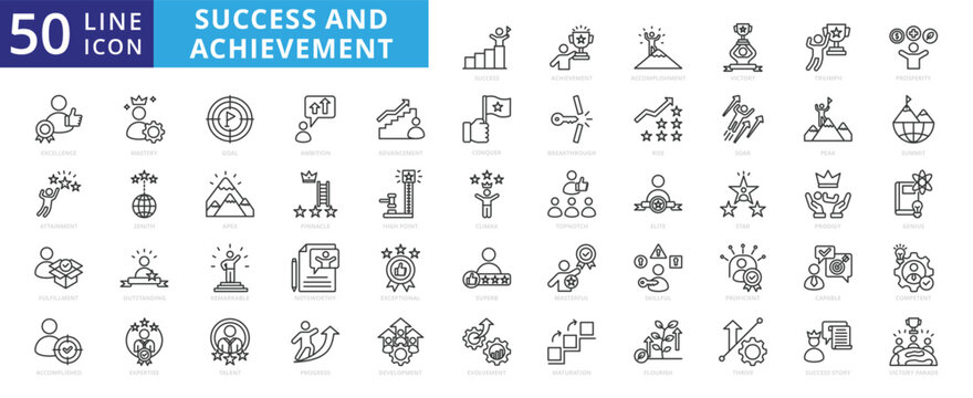 Success and achievement icon set with accomplishment, victory, triumph, prosperity, excellence, attainment and fulfillment.