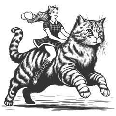 woman riding a large, majestic cat, fantasy elements with detailed line art sketch engraving generative ai fictional character raster illustration. Scratch board imitation. Black and white image.