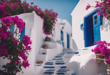 White Cycladic houses with blue accents and vibrant magenta bougainvillea in a serene Greek island 
