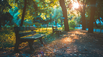 Sunlit park path with an empty bench in greenery.