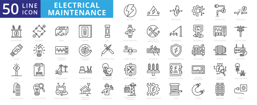 Electrical maintenance icon set with voltage, current, resistance, circuit, conductor, insulator, transformer, clamp and sign.