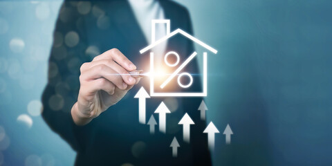 Real estate investment concept. touch virtual house icon for analyzing mortgage loan home and...