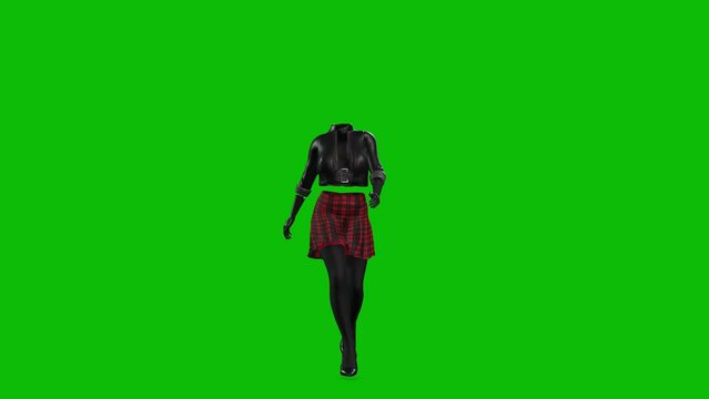 3D invincible woman wearing leather jacket, short skirt and high heels, walking on green screen, 3D seamless loop animation, front view.
