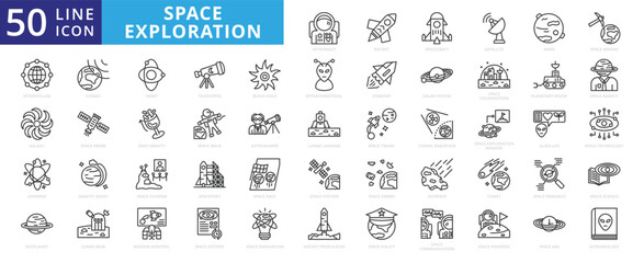 Space exploration icon set with astronaut, rocket, spacecraft, satellite, mars, mining, interstellar, galaxy and universe.