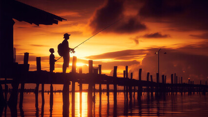 Fototapeta premium Silhouette of father and son fishermen fishing on a wooden bridge