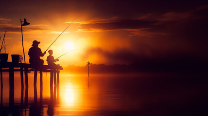 Fototapeta premium Silhouette of father and son fishermen fishing on a wooden bridge