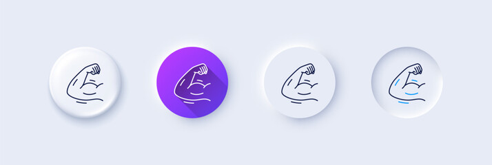 Strong arm line icon. Neumorphic, Purple gradient, 3d pin buttons. Strength muscle sign. Gym fit training symbol. Line icons. Neumorphic buttons with outline signs. Vector