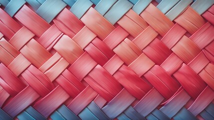 Colorful woven pattern with red, blue, and peach ribbons. Textile background creating a vibrant and intricate texture design.