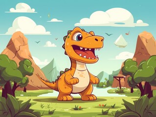 Cute cartoon dinosaur standing in a vibrant prehistoric landscape with mountains and trees, fun and educational illustration.