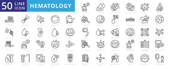 Hematology icon set with blood, red cell, white, platelet, anemia, hemoglobin, hematocrit, coagulation and leukemia.